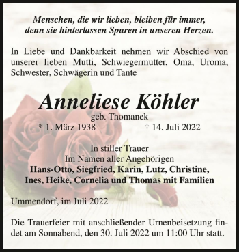 Traueranzeige von Anneliese Köhler (geb. Thomanek)  von Magdeburger Volksstimme