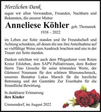 Traueranzeige von Anneliese Köhler (geb. Thomanek)  von Magdeburger Volksstimme
