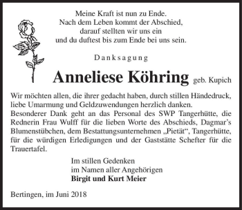 Traueranzeige von Anneliese Köhring (geb. Kupich)  von Magdeburger Volksstimme