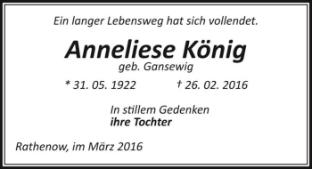 Traueranzeige von Anneliese König (geb. Gansewig)  von Magdeburger Volksstimme