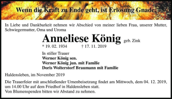 Traueranzeige von Anneliese König (geb. Zink)  von Magdeburger Volksstimme