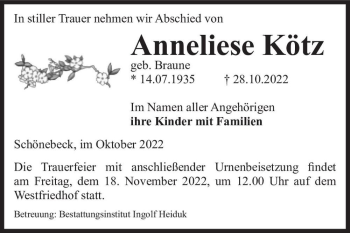 Traueranzeige von Anneliese Kötz (geb. Braune)  von Magdeburger Volksstimme