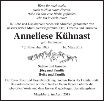 Traueranzeige von Anneliese Kühnast (geb. Kahlmeyer)  von Magdeburger Volksstimme