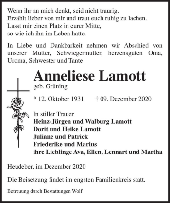Traueranzeige von Anneliese Lamott (geb. Grüning)  von Magdeburger Volksstimme