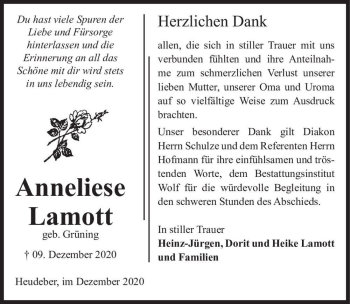 Traueranzeige von Anneliese Lamott (geb. Grüning)  von Magdeburger Volksstimme