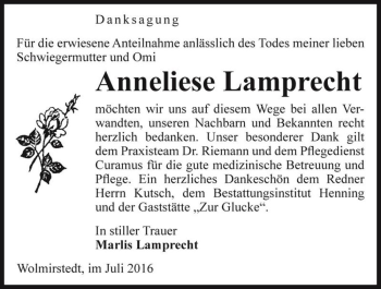 Traueranzeige von Anneliese Lamprecht  von Magdeburger Volksstimme