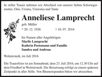 Traueranzeige von Anneliese Lamprecht (geb. Müller)  von Magdeburger Volksstimme