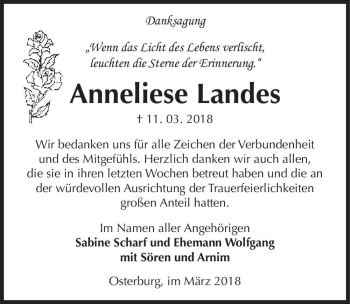 Traueranzeige von Anneliese Landes  von Magdeburger Volksstimme