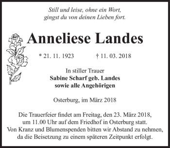 Traueranzeige von Anneliese Landes  von Magdeburger Volksstimme