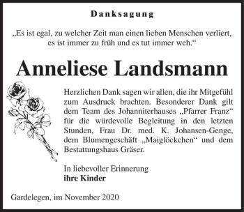 Traueranzeige von Anneliese Landsmann  von Magdeburger Volksstimme