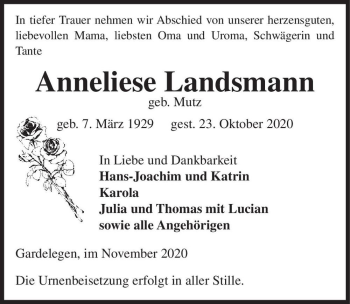 Traueranzeige von Anneliese Landsmann (geb. Mutz)  von Magdeburger Volksstimme