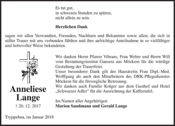 Traueranzeige von Anneliese Lange  von Magdeburger Volksstimme