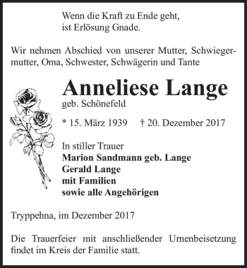 Traueranzeige von Anneliese Lange (geb. Schönefeld)  von Magdeburger Volksstimme
