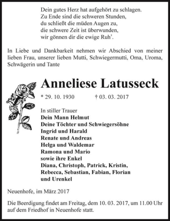 Traueranzeige von Anneliese Latusseck  von Magdeburger Volksstimme