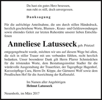 Traueranzeige von Anneliese Latusseck (geb. Prietzel)  von Magdeburger Volksstimme
