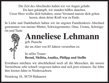 Traueranzeige von Anneliese Lehmann (geb. Paasche)  von Magdeburger Volksstimme