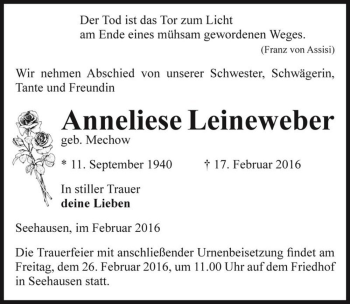 Traueranzeige von Anneliese Leineweber (geb. Mechow)  von Magdeburger Volksstimme