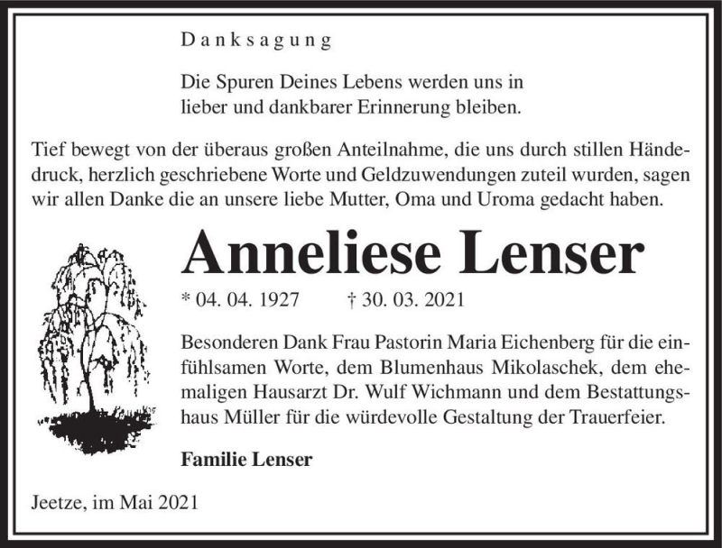  Traueranzeige für Anneliese Lenser  vom 07.05.2021 aus Magdeburger Volksstimme