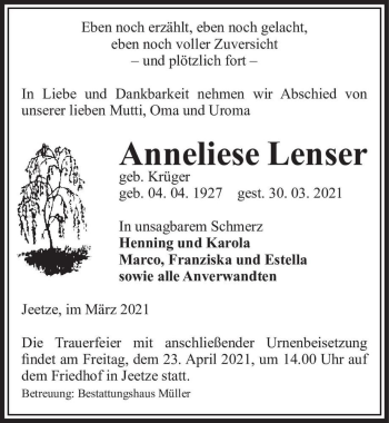 Traueranzeige von Anneliese Lenser (geb. Krüger)  von Magdeburger Volksstimme
