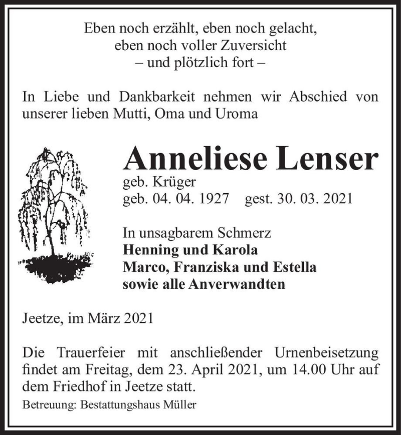  Traueranzeige für Anneliese Lenser (geb. Krüger)  vom 03.04.2021 aus Magdeburger Volksstimme