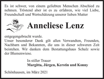 Traueranzeige von Anneliese Lenz  von Magdeburger Volksstimme