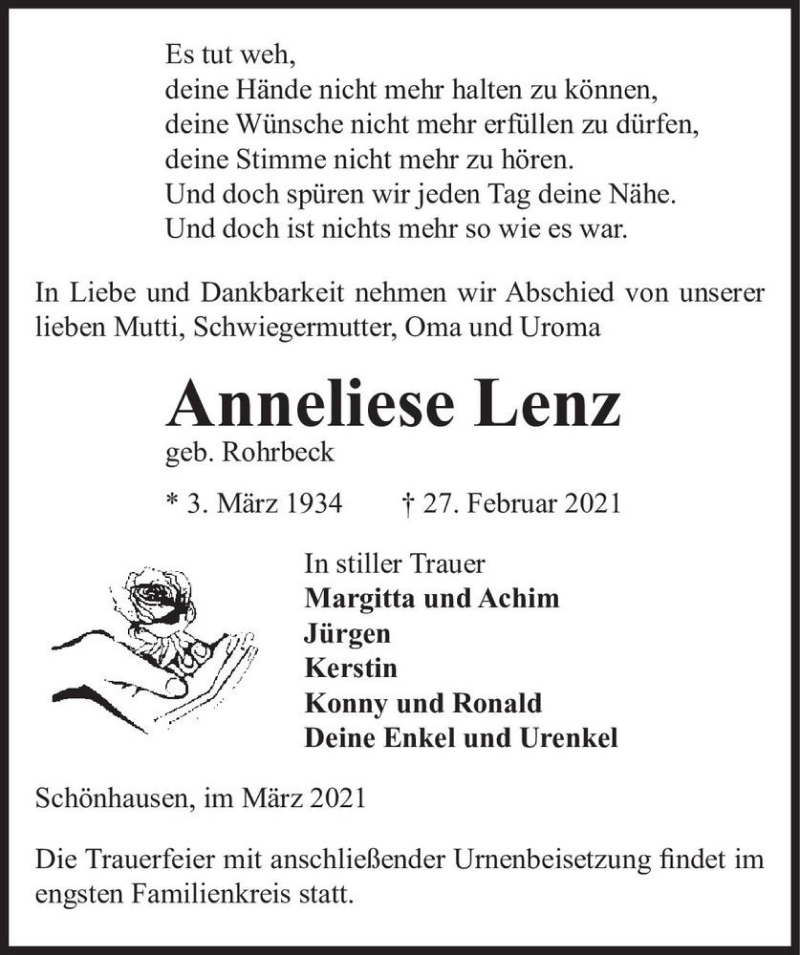  Traueranzeige für Anneliese Lenz (geb. Rohrbeck)  vom 03.03.2021 aus Magdeburger Volksstimme