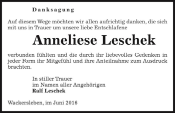 Traueranzeige von Anneliese Leschek  von Magdeburger Volksstimme