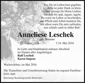 Traueranzeige von Anneliese Leschek (geb. Ilsmann)  von Magdeburger Volksstimme