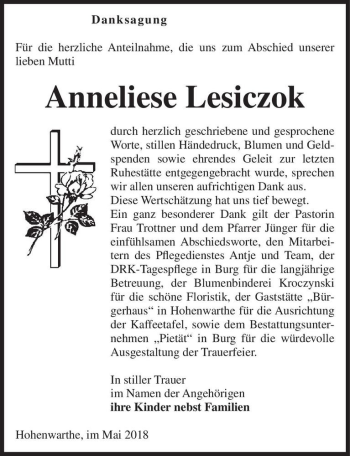 Traueranzeige von Anneliese Lesiczok  von Magdeburger Volksstimme