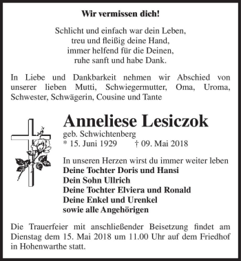 Traueranzeige von Anneliese Lesiczok (geb. Schwichtenberg)  von Magdeburger Volksstimme