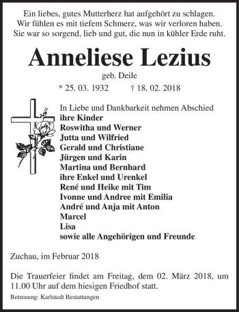 Traueranzeige von Anneliese Lezius (geb. Deile)  von Magdeburger Volksstimme