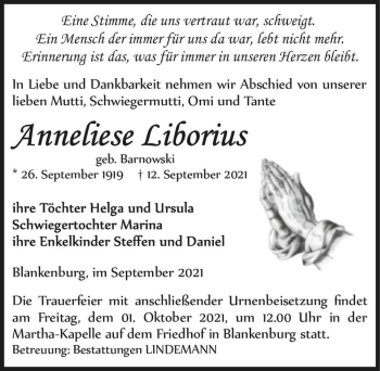 Traueranzeige von Anneliese Liborius (geb. Barnowski )  von Magdeburger Volksstimme