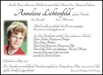 Traueranzeige von Anneliese Lichtenfeld (geb. Warmbier)  von Magdeburger Volksstimme