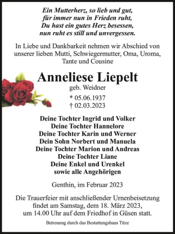 Traueranzeige von Anneliese Liepelt (geb. Weidner)  von Magdeburger Volksstimme