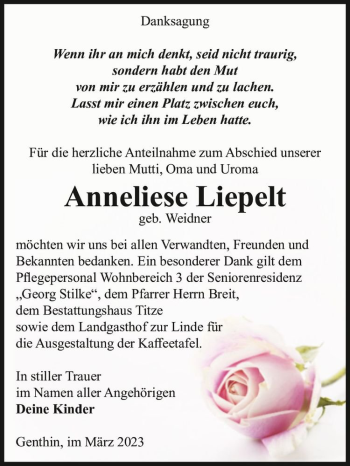 Traueranzeige von Anneliese Liepelt (geb. Weidner)  von Magdeburger Volksstimme