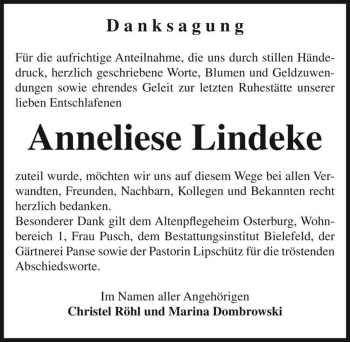 Traueranzeige von Anneliese Lindeke  von Magdeburger Volksstimme