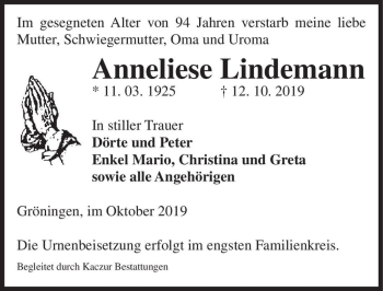Traueranzeige von Anneliese Lindemann  von Magdeburger Volksstimme
