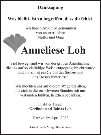 Traueranzeige von Anneliese Loh  von Magdeburger Volksstimme