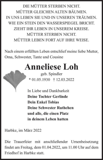 Traueranzeige von Anneliese Loh (geb. Spindler)  von Magdeburger Volksstimme