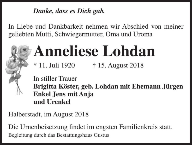  Traueranzeige für Anneliese Lohdan  vom 21.08.2018 aus Magdeburger Volksstimme