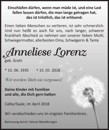 Traueranzeige von Anneliese Lorenz (geb. Grahl)  von Magdeburger Volksstimme