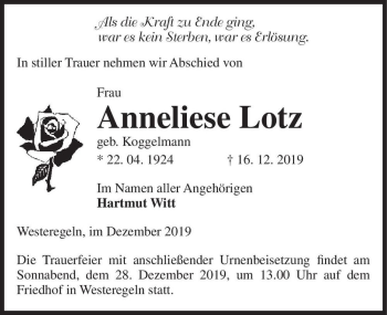 Traueranzeige von Anneliese Lotz (geb. Koggelmann)  von Magdeburger Volksstimme