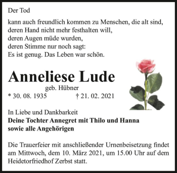 Traueranzeige von Anneliese Lude (geb. Hübner)  von Magdeburger Volksstimme
