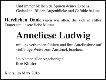 Traueranzeige von Anneliese Ludwig  von Magdeburger Volksstimme