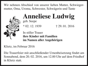 Traueranzeige von Anneliese Ludwig (geb. Seepe)  von Magdeburger Volksstimme