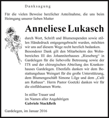 Traueranzeige von Anneliese Lukasch  von Magdeburger Volksstimme