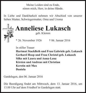 Traueranzeige von Anneliese Lukasch (geb. Klemm)  von Magdeburger Volksstimme