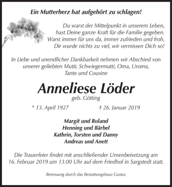Traueranzeige von Anneliese Löder (geb. Götting)  von Magdeburger Volksstimme