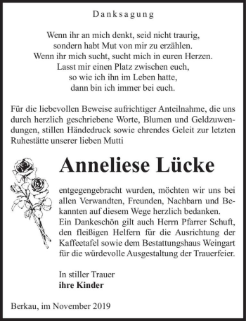 Traueranzeige von Anneliese Lücke  von Magdeburger Volksstimme