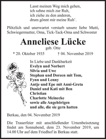Traueranzeige von Anneliese Lücke (geb. Otte)  von Magdeburger Volksstimme